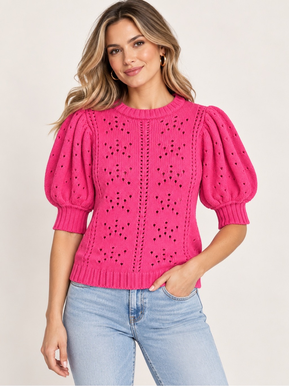 For Love & Lemons Pink Pointelle Puff Sleeve Knit Sweater Estimated Size Small